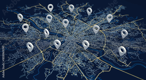 Digital city map with multiple location markers representing navigation and urban planning concepts.