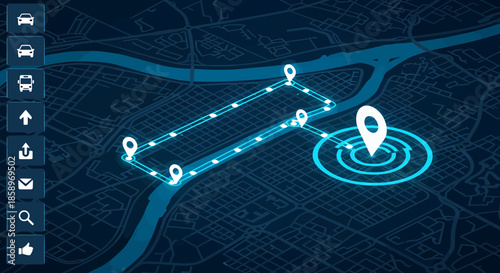 Digital navigation map interface with highlighted route and location markers on city streets.