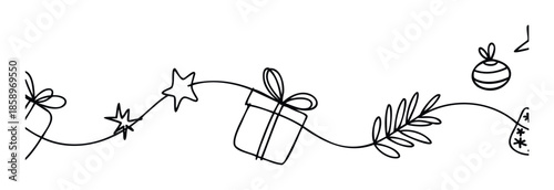 Continuous line drawing of festive holiday elements like stars, a gift, and an ornament, perfect for creating cheerful greeting decorations or celebratory social media posts