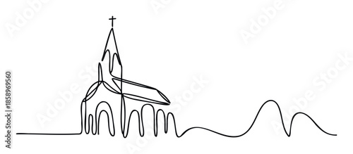 Minimalist one line drawing of a towering church with a cross atop its steeple representing faith and spirituality ideal for religious publications web graphics or modern architectural