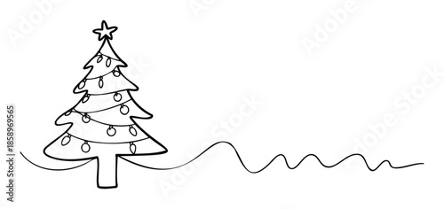 Simple continuous line drawing of a decorated Christmas tree with a star and festive ornaments perfect for holiday greetings winter invitations or seasonal event promotions
