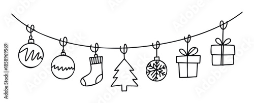 Minimalist black outline drawing of a charming festive garland featuring dangling Christmas baubles gift boxes a stocking and a pine tree for holiday season invitations marketing materials