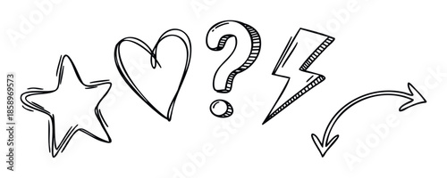 Dynamic collection of sketchy handdrawn design elements featuring a star, heart, question mark, lightning bolt, and directional arrow for various graphic projects