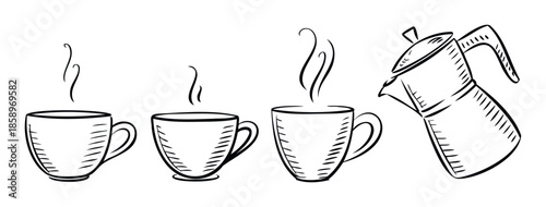 Hand drawn sketch collection of coffee cups with hot steaming beverages and an Italian Moka pot perfect for cafe menus restaurant branding or morning drink concepts