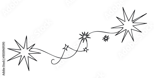Dynamic line drawing featuring a whimsical constellation of exploding stars and flowing curved lines, perfect for decorative borders, holiday celebrations, or magical themed graphic