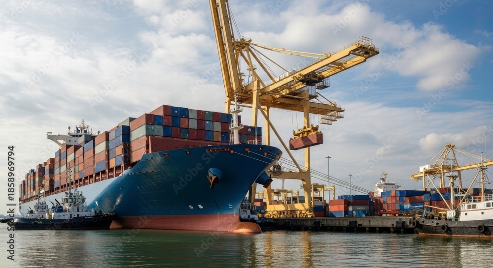 Fototapeta premium Ocean Port: a huge cargo ship, laden with containers, is moored at a commercial port, crane. This image embodies global trade, illustrating the vital link between manufacturing and customers.
