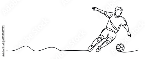 Dynamic one line drawing depicting an athletic soccer player in midaction dribbling a football, excellent for sportswear branding, fitness promotions, and event graphics.