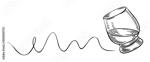 Elegant sketch of a tilted whisky glass with a swirling line representing the rich aroma and experience, perfect for beverage menus, liquor store promotions, or whisky tasting event