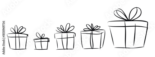 Discover a charming collection of handdrawn gift boxes of various sizes perfect for holiday promotions birthday celebrations and special occasion marketing materials