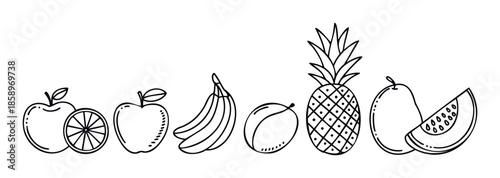 A hand drawn collection of fresh healthy fruits including apple banana pineapple plum pear melon and citrus perfect for educational materials or food packaging