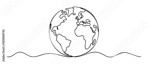 Simple continuous line drawing of the Earth globe representing global connectivity and environmental awareness, perfect for ecofriendly campaigns, educational materials, or international