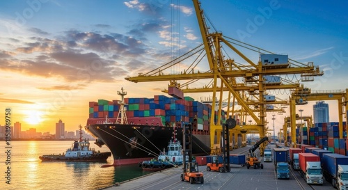Global Commerce Symphony: A bustling harbor at sunset, showcasing a massive cargo ship being loaded by towering cranes, a dynamic interplay of logistics and global trade.