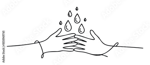 Single line drawing of cupped hands catching water droplets, representing care, purity, cleanliness, sanitation, and water conservation, perfect for health, environment, or sustainability