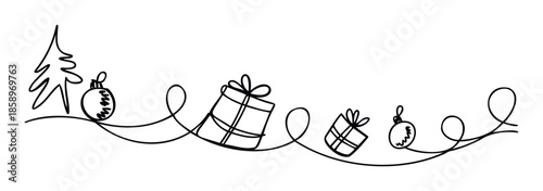 Minimalist continuous line drawing showcasing a Christmas tree, festive gift boxes, and decorative ornaments, perfect for holiday greetings, seasonal posters, or event invitations.