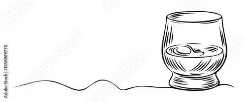 Stylish hand drawn line art graphic of a spirits tasting glass with liquid, ideal for beverage menus, event invitations, or drink related promotional materials and presentations.