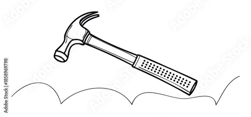 A crisp black and white line drawing of a sturdy claw hammer on a curved line, perfect for handyman services, construction themes, hardware store advertising, and DIY project guides.