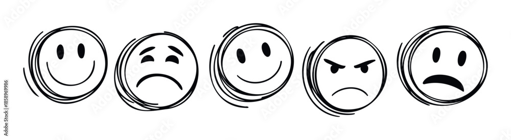 Fototapeta premium Hand drawn black line emoticons depicting various human emotions from happy to angry and sad, useful for user interface design, communication applications, and mood tracking systems