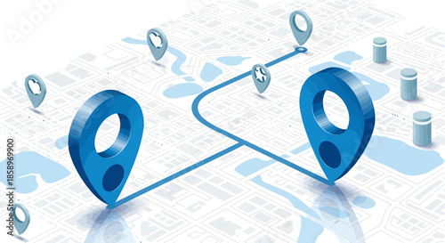 Digital map with blue location markers and route path for navigation concept.