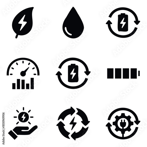A comprehensive collection of energy power and sustainability icons for illustrating renewable resources electricity management and ecofriendly technology applications.