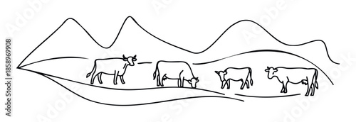 Simple continuous line drawing depicting four grazing cows wandering across a serene hilly landscape, suitable for agriculture publications or food industry promotions.