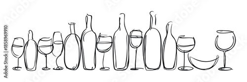 Stylized doodle line drawing of assorted wine bottles and stemware perfect for adding a sophisticated beverage theme to hospitality marketing materials