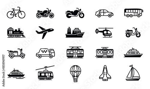 A diverse collection of black line transportation vehicle symbols, perfect for conveying travel, logistics, urban mobility, and global shipping themes across various media platforms