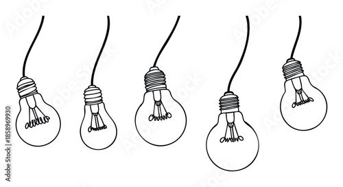 Simple line drawing of hanging light bulbs symbolizing ideas and creativity for presentations, educational materials, and home decor themes