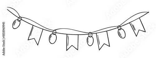 Decorative string lights and flag bunting line drawing for festive celebration decorations or party invitation graphics and cheerful holiday event decor