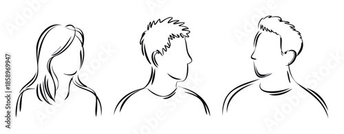 Outline graphic portraits of a woman and two men, suitable for modern avatars, generic human representations, or symbolic team member icons in professional and digital contexts.