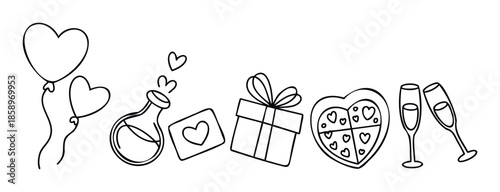 Cute Valentines Day line doodles showcasing heart balloons, a love potion bottle, an envelope, a gift box, heart chocolates, and champagne flutes for romantic celebrations and special