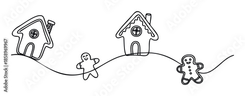 Charming continuous line drawing of gingerbread houses and smiling gingerbread men figures ideal for festive holiday baking content, sweet shop promotions, or cozy winter season invitations.