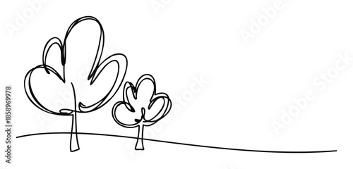 Minimalist one line drawing depicting an environment with two stylized trees standing on a subtly curved landscape line perfect for ecofriendly marketing materials and educational resources