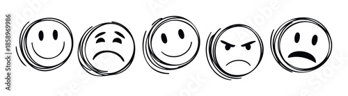 Hand drawn black line emoticons depicting various human emotions from happy to angry and sad, useful for user interface design, communication applications, and mood tracking systems