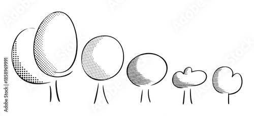 Stylized black and white trees with simple outlines and halftone dot and crosshatch shading, arranged in a row demonstrating size variation, useful for ecological presentations and