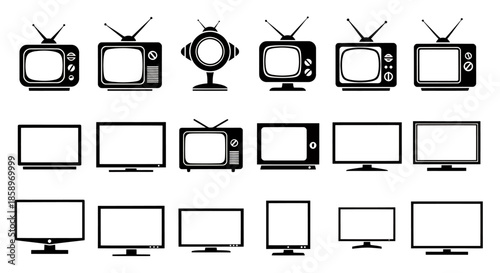 Collection of vintage and modern television icons showing the evolution of TV designs over time.