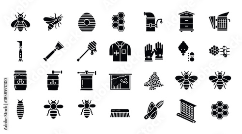 Comprehensive set of beekeeping icons representing various bees, honey production tools, and hive elements, perfect for educational resources, apiary branding, or agriculturethemed digital