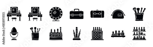 Comprehensive collection of makeup and cosmetic product icons including vanity tables, mirrors, various beauty tools, cases, and organizers, perfect for spa, salon, or personal care related