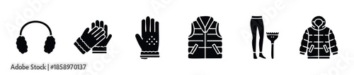 A valuable set of essential winter clothing and accessories icons, perfect for illustrating cold weather gear, seasonal promotions, outdoor activity guides, and apparel retail applications.
