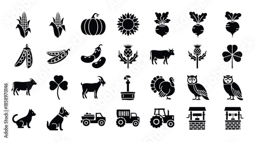 Comprehensive collection of farm and agriculture themed silhouette icons depicting crops livestock and vehicles suitable for educational materials websites and infographics