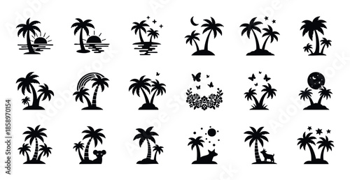 Collection of black silhouette palm tree icons portraying diverse tropical scenes with sunsets, moons, stars, rainbows, and various animals, perfect for travel and leisure applications