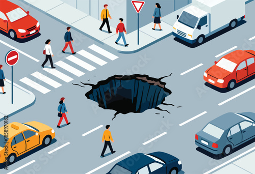 People and vehicles navigate a city street with a sudden, deep chasm