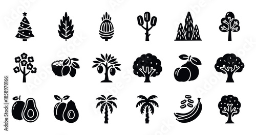 Comprehensive collection of black silhouette icons showcasing a wide variety of trees plants and fruits from festive to tropical perfect for botanical and agricultural graphic applications