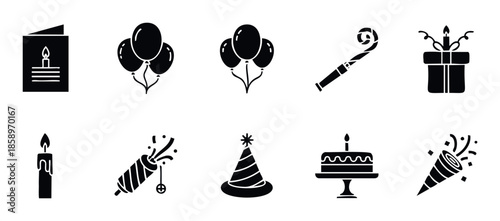 Collection of festive birthday celebration icons featuring balloons, cake, candles, gift, and party poppers perfect for event invitations, digital graphics, and promotional materials