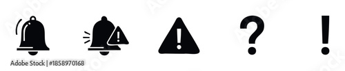 Collection of universal communication icons including notification bell, warning sign, question mark, and exclamation mark symbols for interface design and digital applications