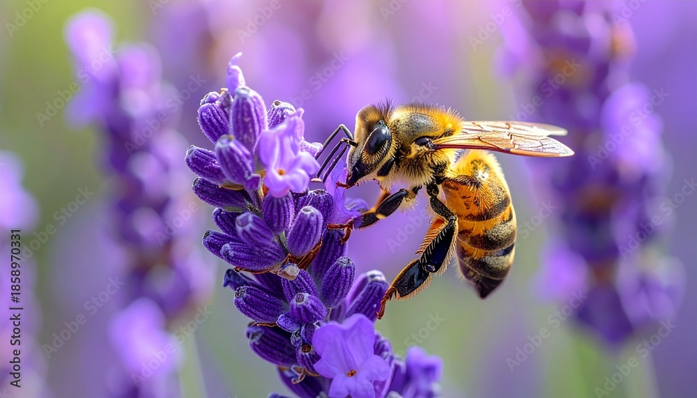 Fototapeta premium A close-up macro shot of a bee collecting nectar from a lavender flower, showcasing intricate details