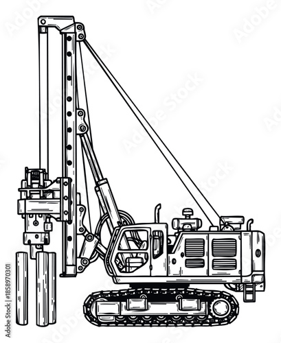 Powerful heavy construction equipment pile driver performing essential foundation work for major industrial and civil engineering projects, perfect for technical diagrams and site planning