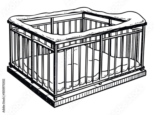 Hand drawn sketch of a classic baby crib or playpen with a soft mattress and protective bumper, perfect for nursery decor, childcare safety illustrations, and graphic design projects.