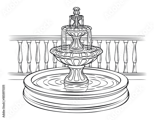 Detailed black and white line drawing of a classic tiered outdoor water fountain with a traditional architectural balustrade providing a timeless decorative element for design projects and