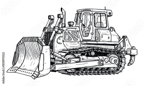 Hand drawn sketch of a powerful bulldozer, an essential heavy duty earthmoving machine for construction and mining, ideal for industrial equipment catalogs and engineering projects.
