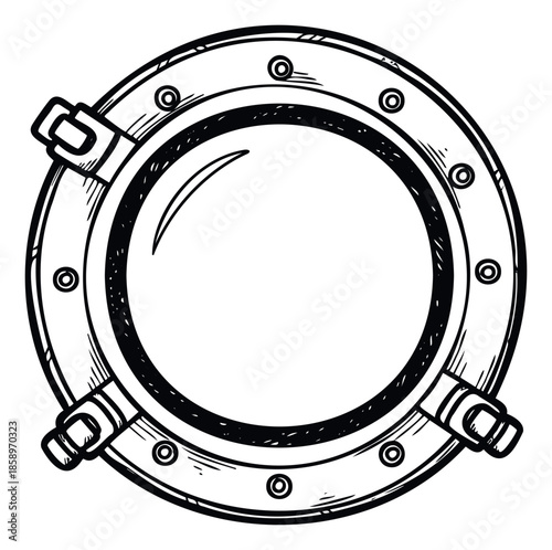 Black and white hand drawn ship porthole window, a classic nautical marine vessel opening perfect for sea adventure themed graphic decoration and travel projects